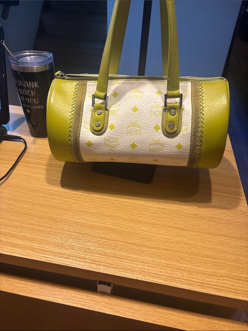 MCM limited edition suede stripes suede inside white and Lime Barrel Satchel - Picture 9 of 17